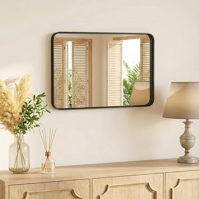 Sweetcrispy Bathroom Wall Mirror, 32x24 Inch Wall Mount Mirror for Over Sink, Modern Rounded Rectangle Vanity Mirrors with Matte Metal Framed, for Home Decor, Living Room, Bedroom, Black