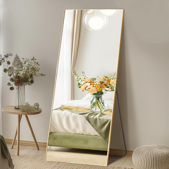 DUMOS 64"x21" Full Length Mirror with Stand, Floor Standing Aluminum Frame, ShatterProof Nano Glass for Bedroom, Living Room, Cloakroom Modern Simple Home Decor, Can Be Hanging, Leaning or Wall, Gold