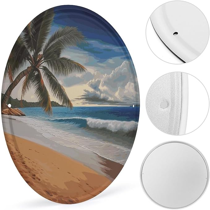Wall Picture, with Coconut Palm Tree Sandy Beach Printed Circular Iron Hanging Picture,Wall Art Decor,Home for Bedroom Living Room Bathroom Decor,Iron Painting 11.8X11.8 in