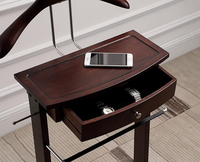 Proman Products Kingston III Valet Stand with Drawer, Contour Hanger, Trouser Bar, Tie & Belt Hooks and Shoe Rack - VL36260