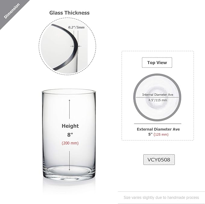 WGV Cylinder Vase Bulk, Diameter 5", Height 8", Clear Glass Floral Planter Container, Floating Candle Holder for Wedding Party Event Home Office Decor, 12 Pieces