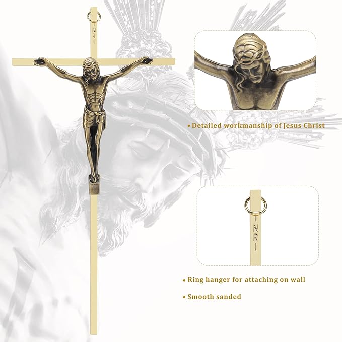 DCCXN Crucifix Wall Cross, Metal Catholic Hanging Cross Wall Decor - 10 Inch, Shiny Gold