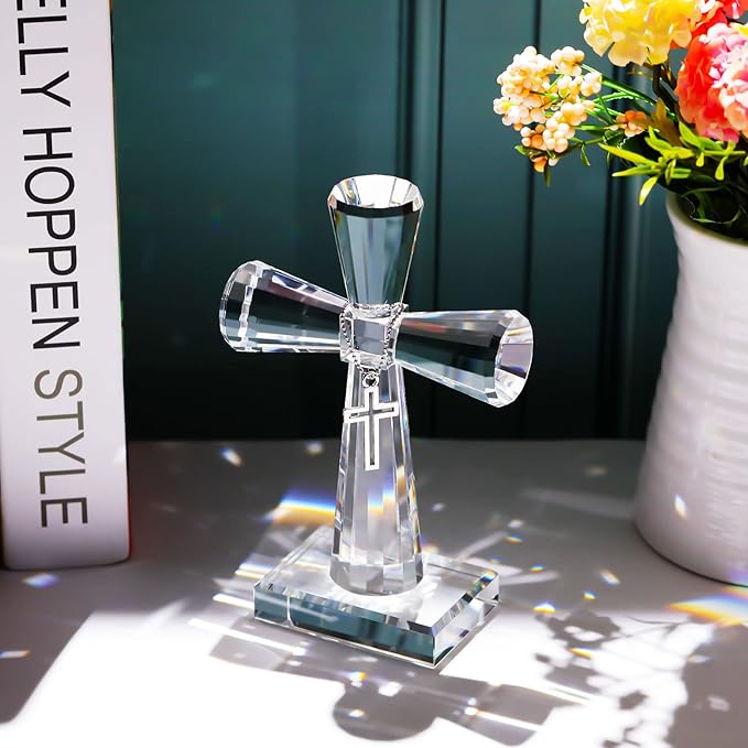 YWHL Handmade Crystal Cross Standing Religious Gifts for Women Men, Glass Cross Collectible Figurines for Home Decoration