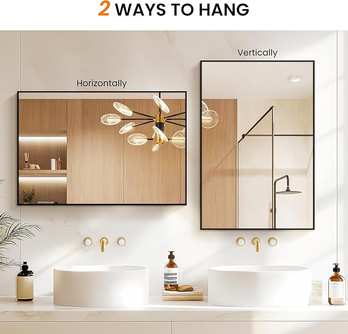 TRAHOME Bathroom Vanity Mirror for Wall, 36" x 24" Metal Framed Rectangular Bathroom Wall Mirror for Over Sink, HD Shatterproof Glass, Hangs Horizontally or Vertically(Black)