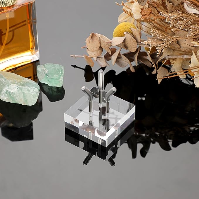 Hipiwe Acrylic Display Stand, Three Metal Peg Display Easel Small Acrylic Base for Sphere Crystal Ball Mineral Geodes Rock Agate Small Collectibles,Silver