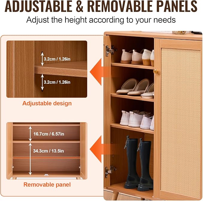 VEVOR Rattan Shoe Cabinet, 5 Tiers Shoe Storage Organizer with 2 Doors and Adjustable Shelves, 40.35" Tall Rattan Shoe Storage Entryway Cabinet Ideal for Entryway, Closet, Hallway, Light Wood Color