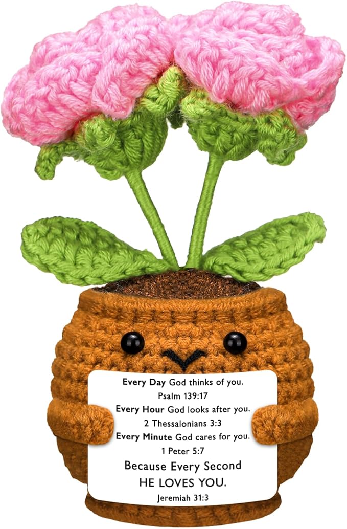 Wavwavw Christian Gift for Women Positive Handmade Crochet Doll with Bible Verse Prayer Card Inspirational Scripture Religious Crochet for Christmas Sunday Group Church(Rose Flower)