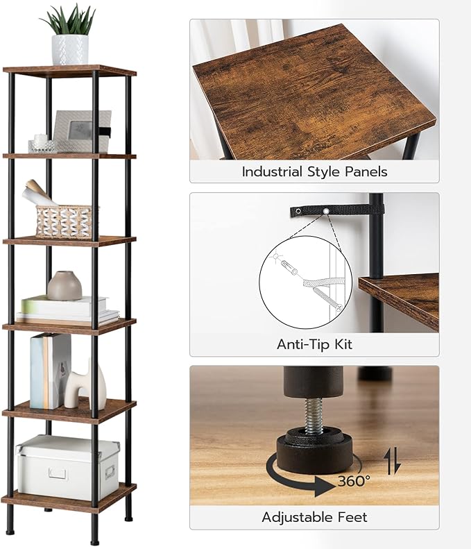 HOOBRO 6-Tier Corner Shelf, Corner Square Rack Display Shelf, Tall Storage Rack Plant Stand, Bookcase for Small Spaces, Living Room, Home Office, Kitchen, Rustic Brown and Black BF55CJ01