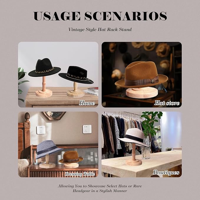 CHADWICK Vintage Style Hat Rack Stand, Light Wooden Hat Display Stand, Cap Organizer and Wig Holder Display Rack for Closet, Home Decor