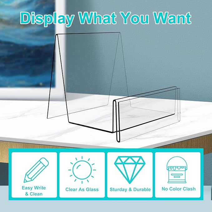 Boloyo Acrylic Display Stand with Sign Plate, 6PC Clear Display Easel Purse Display Riser Holder, Acrylic Purse Display Holder for Displaying Wallet, Purse, Handbag, Cosmetic, Jewelry, Glasses (Large, 6PC)