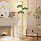 QIYIZM Glass Floor Lamp for Living Room,Bedroom,Mid Century Modern Standing Lamp Brass Tree 3 Light Tall Floor Lamps Vintage Retro Floor Lights Gold Green Flower Lamp Shade Farmhouse Boho Bohemian