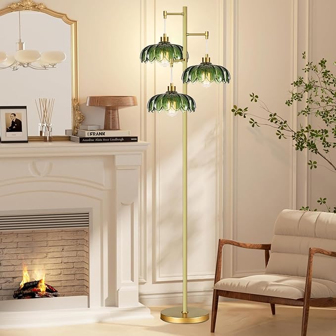 QIYIZM Glass Floor Lamp for Living Room,Bedroom,Mid Century Modern Standing Lamp Brass Tree 3 Light Tall Floor Lamps Vintage Retro Floor Lights Gold Green Flower Lamp Shade Farmhouse Boho Bohemian