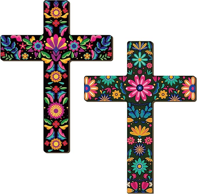 Pinkunn 2 Pcs Mexican Floral Cross Wall Decor Mexican Wall Art Hand Painted Decorative Inspirational Wooden Floral Cross Spanish Crucifix Decor for Home Room Church Decoration