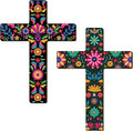 Pinkunn 2 Pcs Mexican Floral Cross Wall Decor Mexican Wall Art Hand Painted Decorative Inspirational Wooden Floral Cross Spanish Crucifix Decor for Home Room Church Decoration