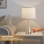 Touch Lamp for Living Room Bedroom, 21" Table Lamps Set of 2 with USB C+A Ports and Grey Lamp Shades, Touch Bedside Lamps for Nightstand with 3 Way Dimmable, 2 LED Bulbs Included, Silver