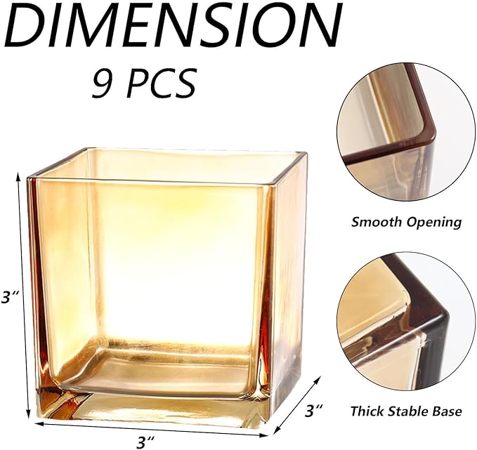 Square Flower Vases Set of 9, 3"x 3"x 3" Glass Vases for Centerpieces, Amber Vase for Flowers, Small Vase for Wedding, Party, Home Office Decoration