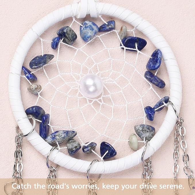 Pretty Jolly Crystal Stone Small Dream Catchers Blue Feathers Mini Dreamcatchers with Beads for Car Rear View Mirror Hanging Decoration Good Luck Travel Charm Little Bedroom Ornaments for Women Girls