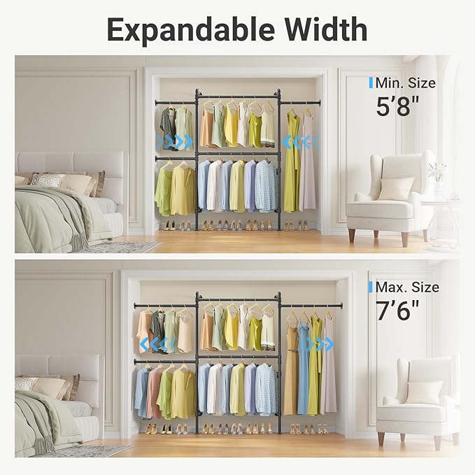 Timate P3 Closet Organizer System with 5 Hanging Rods, Adjustable 5'8"–7'6", Heavy-Duty Modular Garment Rack, Space-Saving Closet Solution for Walk-in Closet, Bedroom & Small Spaces