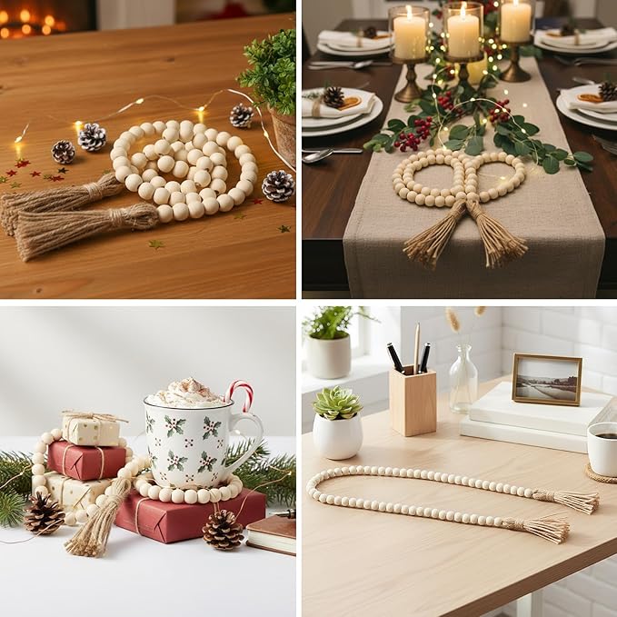 Equsion Seasonal Wooden Bead Garland with Tassels, 3.3 ft Holiday Vintage Boho Bead Garland Easter Tray Decoration, Vase Wall Room Art Birthday Party Decoration(Beige)