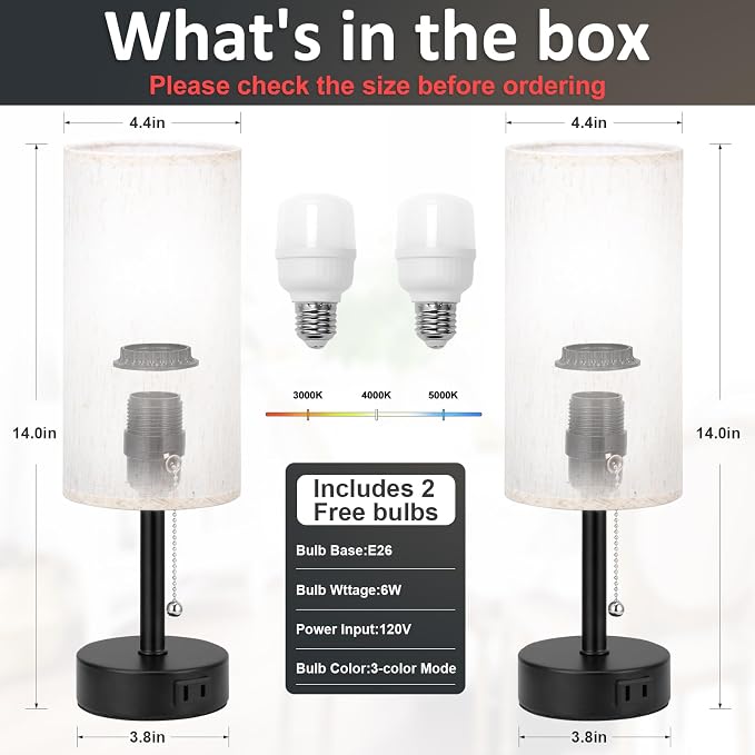 Fenmzee Bedside Table Lamps Set of 2-3 Color Temperatures Pull Chain Lamp with AC Outlet Charging Port, Small Round Night Stand Lamps for Bedroom Guest Room Office, Bed Side Light with E26 LED Bulbs