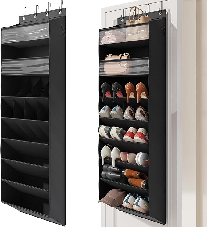 16-20 Pairs Over the Door Shoe Organizer, Clear Pockets Shoe Rack for Closet Door, Hanging Shoe Rack for Boots, Behind the Door Shoe Holder Fit All the Family's Sneakers, Boots, Heels, Black