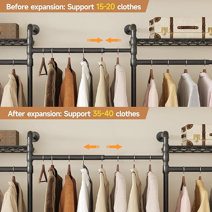 Wall Mounted Garment Rack, Industrial Pipe Metal Clothing Rack with 6 Hanging Rods (4 Expandable) & 8 Shelves, Closet Organizers and Storage System for Bedroom, Walk in Closet
