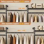 Wall Mounted Garment Rack, Industrial Pipe Metal Clothing Rack with 6 Hanging Rods (4 Expandable) & 8 Shelves, Closet Organizers and Storage System for Bedroom, Walk in Closet
