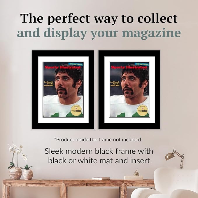 Creative Picture Frames 8.25 x 11 Magazine Frame with Full-Strength Glass, Holds Up To A 1/4" Thick Media with Installed Hangers for Easy Mounting, 11x14 Manhattan Black Frame with White Mat