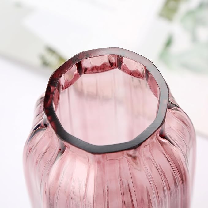 Large Ribbed Tall Pink Glass Vase - 12.0" Decorative Floor Vase for Home Table Centerpieces and Farmhouse