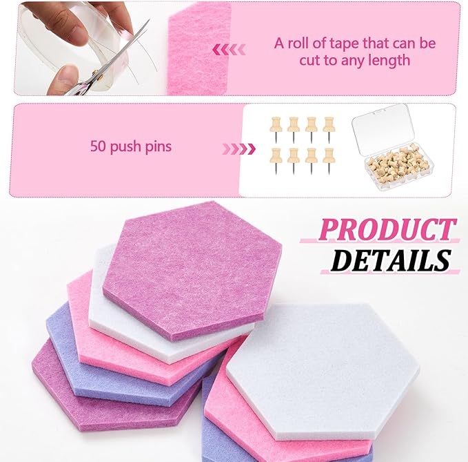 Mindsoft 16 Pcs Hexagon Cork Board for Walls with 50 Wooden Push Pins 6.7 x 5.9 in Felt DIY Tiles Notice with Nano Tape Hanging Bulletin Board for Home Photo Office Memo Note (Pink)