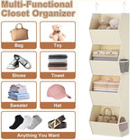 Hanging Closet Organizer 4 Shelf Collapsible Fabric Closet Organizers and Storage Hanging with Mesh Pocket for Clothes, Hanging Wardrobe Organizers and Storage for Sweater T-Shirt Shoes Toys, Beige