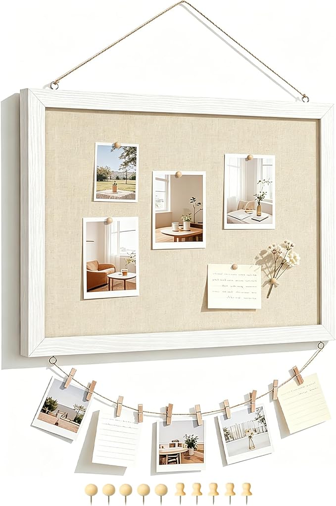 DOLLAR BOSS Bulletin Boards with Linen 1-Pack 16''X 12'' Double-Sided Cork Board for Walls Wood Framed Bulletin Boards, Small Pin Board for Home Kitchen Office Decorative Hanging 10 Pushpins