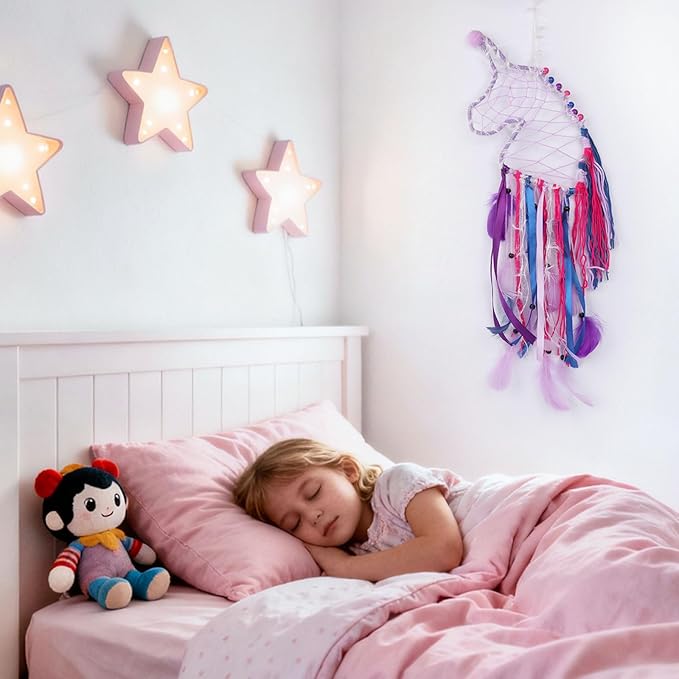 Pretty Jolly Unicorn Dream Catchers for Little Girls Bedroom Handmade Kids Dreamcatcher with Fluffy Pom Poms Feathers&Beads,Nursery Wall Decor for Toddler Girls Room,Children Birthday Gift(Purple)