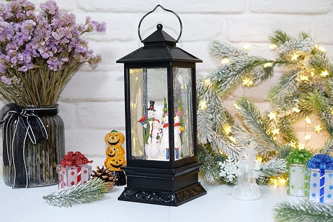 Wondise Lighted Musical Snow Globe Lantern with 6 Hour Timer, 12 Inches USB Powered & Battery Operated Spinning Water and Swirling Glitter Christmas Snow Globe Lantern Gifts(Snowman Family)