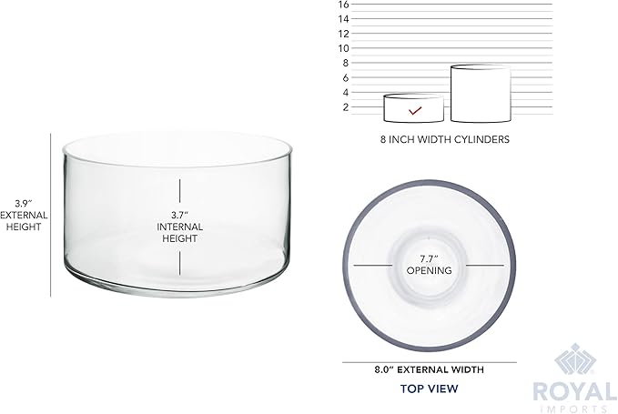 Royal Imports Flower Glass Vase Decorative Centerpiece for Home or Wedding - Cylinder Shape, 4" Tall, 8" Opening, Clear