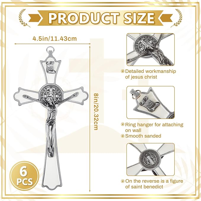 Leinuosen 6 Pcs Crucifix Wall Cross 8 Inch Saint Benedict Enamel Crucifix Metal Sacred Catholic Cross Saint Benedict Metal Wall Art for Spiritual Faith Gift Blessing Baptism Rosary Holy Decor