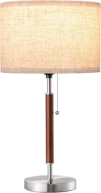 EDISHINE Mid Century Table Lamp, Solid Wood and Metal Bedside Lamp with Pull Chain Switch & Beige Linen Shade, Retro Nightstand Lamp for Bedroom Living Room End Table, E26 Base