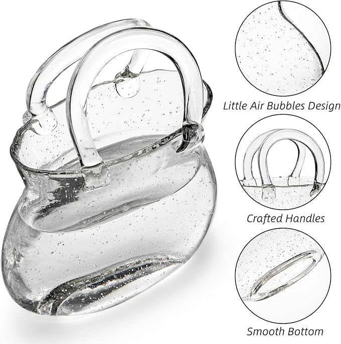 Glass Purse Vase for Flowers, Clear Bag Vase with Handle, Unique Handbag Shape Decorative Fish Bowl for Cute Room Table Shelf Decor, Wedding Centerpiece
