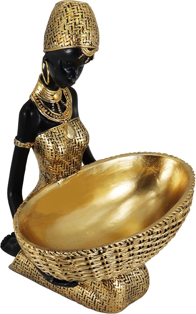 Lescafita Handmade African Seated Woman Sculpture - Gold Tribal Figure Holding Basket, Resin Home Decor for Shelf/Table, Unique Cultural Gift (9" H)