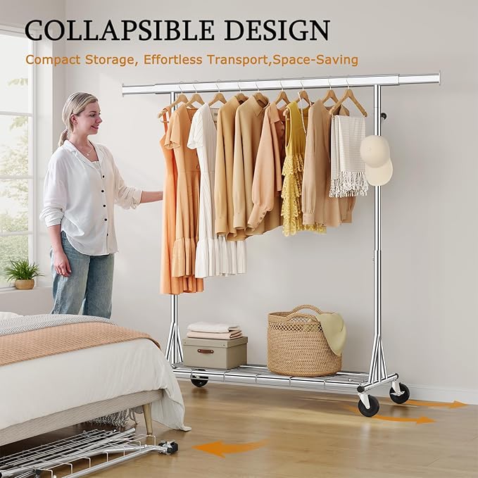 Heavy Duty Clothes Rack Load 630 lbs, Metal Rolling Clothing Rack With Sturdy Wheel And Shelves, Adjustable Portable Hanging Garment Rack For Clothes,Chrome Stainless Steel