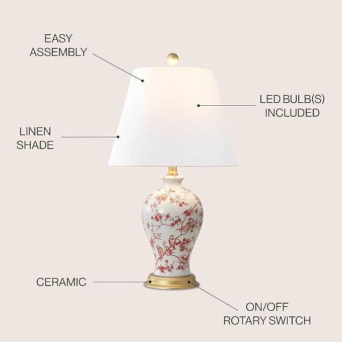 JONATHAN Y 24" White/Red French Country Ceramic Floral Urn Table Lamp, White Linen Shade, Chinoiserie Ginger Jar Bedside Lamp for Living Room Bedroom, LED Bulb (JYL3009C)