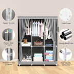 ALSO GO Portable Closet, Storage Organizer Wardrobe with Non-Woven Fabric Cover, with 3 Hanging Rods, 6 Storage Shelves and Side Pockets, Free Standing Clothes Rack with Non-Woven Fabric Cover, Grey
