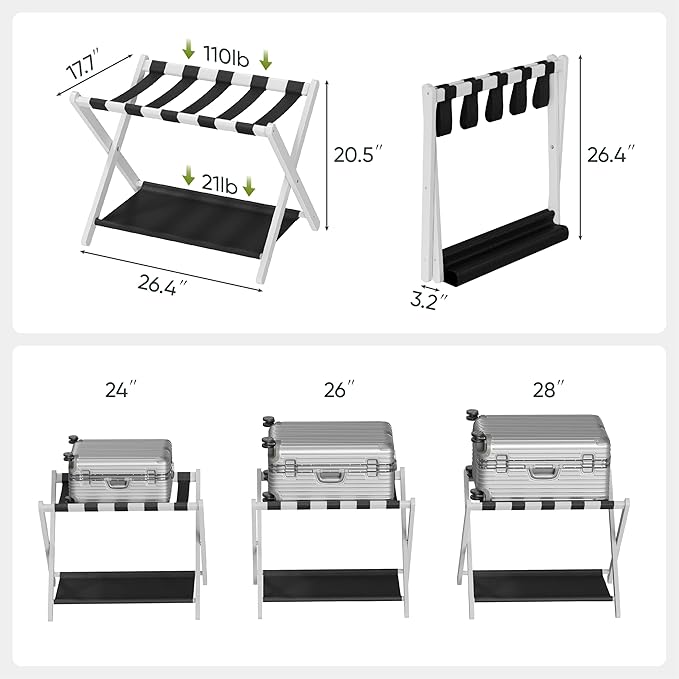 Luggage Rack, Folding Luggage Rack for Guest Room, White Bamboo Suitcase Stand Holds up to 131 lb, Luggage Stand with Storage Shelf for Hotel, Bedroom (1 Pack)