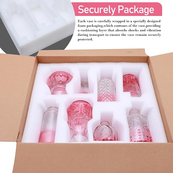 Brajttt Pink Small Flower Vase Set, Glass Bud Vase in Bulk Set of 8,Artistic and Cultural Flavor Mini Vases for Home Office Decor, Bedroom, Office, Living Room Decorations,Wedding