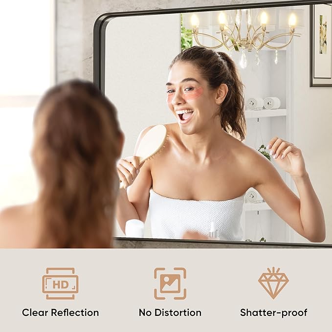 DUMOS Black Metal Framed Vanity Rounded Rectangle Bathroom Mirrors for Over Sink Wall, 30x22 Inch Matte Large Mirror, Modern Decorative for Restroom, Farmhouse, Horizontally or Vertically Hanging