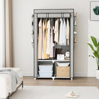 Portable Closet for Hanging Clothes, Portable Wardrobe Closet with Cover, 4 Storage Shelves, 2 Hanging Rods and 8 Side Pockets, Easy Assembly and Sturdy Free Standing Closet for Bedroom, Grey