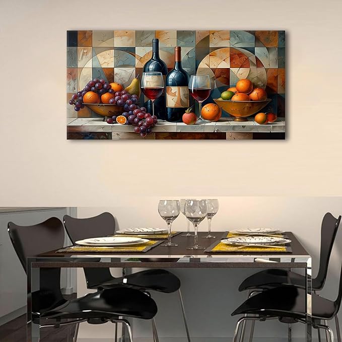 AIYISU Abstract Kitchen Wall Art Geometric Wall Decor Red Wine Glass Fruits Canvas Prints Pictures Rustic Farmhouse Still Life Painting Wine Bar Art for Dining Room Restaurant Home Decorations 24x48