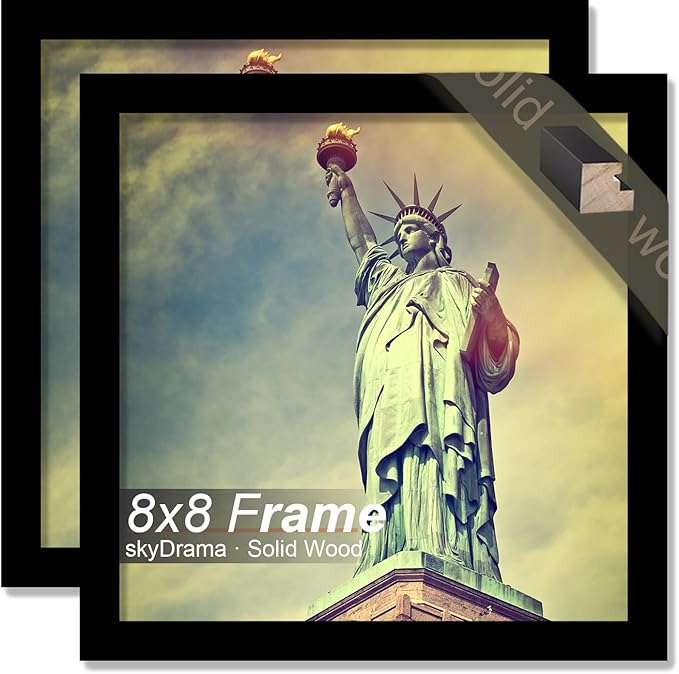 100% Solid Wood 8x8 Frame Set of 2, Black Square Picture Frame for 8 x 8 Picture Poster Photo, Light Weight 8by8 HQ Matte Black Frame for Wall - 2 Pack/Black/8"x8"
