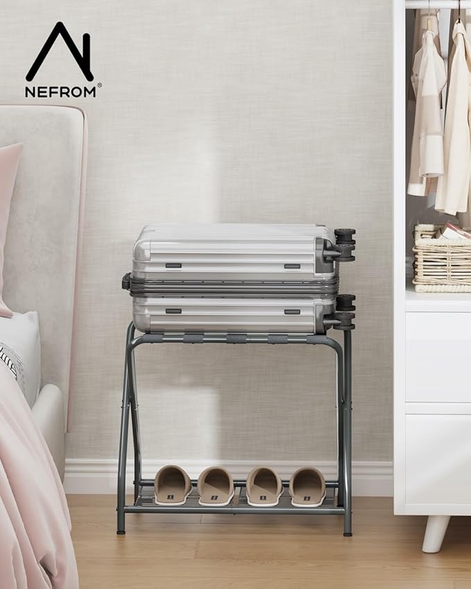Set of 2 Luggage Rack with Storage Shelf, Foldable Suitcase Stand, Heavy Duty Metal Luggage Holder for Guest Room, Bedroom, Hotel, 150 lbs Top Capacity, 50 lbs Bottom Shelf LR-GY-2