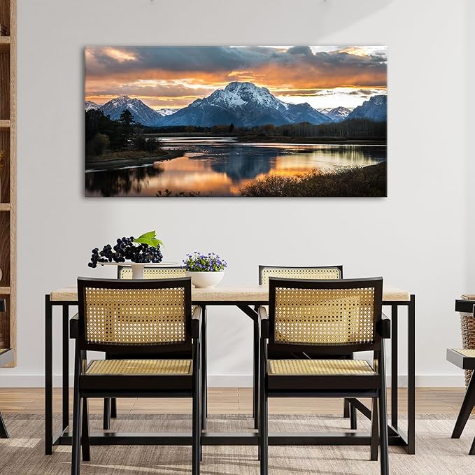 Extra Large Mountain Wall Art for Living Room Sunset Nature Grand Teton Wall Decor National Park Posters Wyoming Snake River Landscape Canvas Prints Artwork for Bedroom Office Home Decoration 35x70"